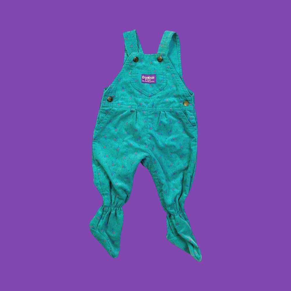 Vintage Oshkosh BGosh Teal Floral Corduroy Footie‎ Overalls, Size 6-9 Months